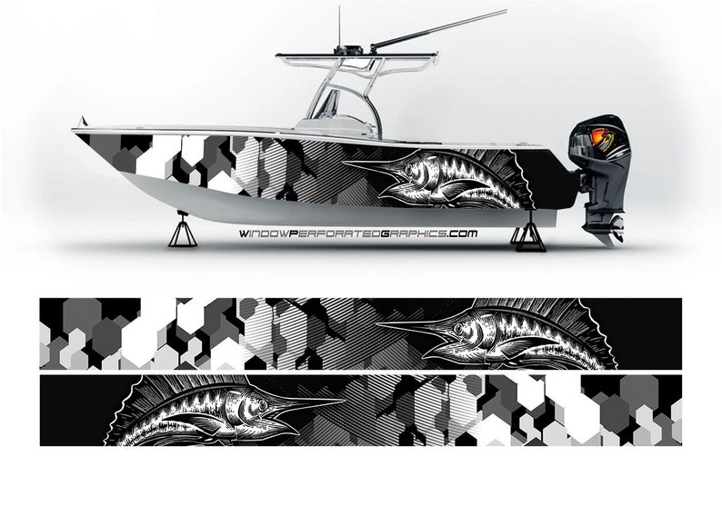 Fishing Boat Trailer - 카모 흑백 말린 물고기 그래픽 비닐